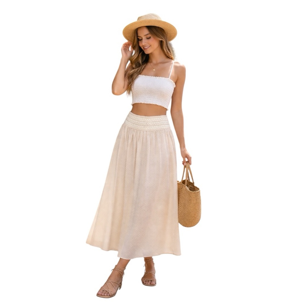 Boho Y2K Skirt Size Medium Clean Girl Cream Micro Dot Smocked Waist Feminine